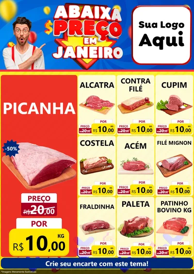 Modelo de Encarte para Encarte A4 Vertical com o tema Abaixa Preço em Janeiro para Açougue
