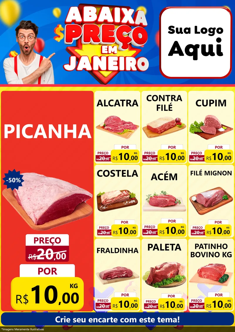 Modelo de Encarte para Encarte A4 Vertical com o tema Abaixa Preço em Janeiro para Açougue