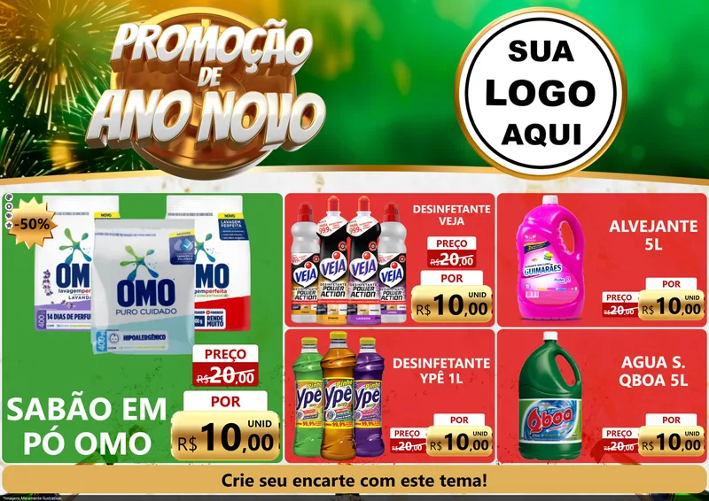Modelo de Encarte para Encarte A4 Horizontal com o tema Promoção de Ano Novo para Produtos de Limpeza