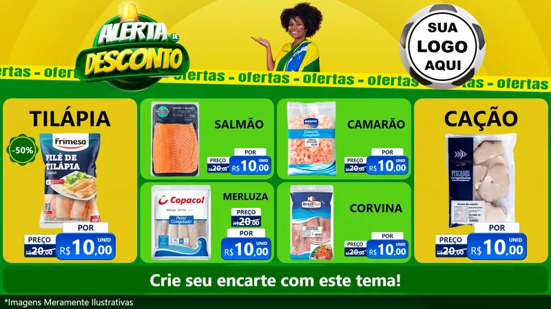 Modelo de TV para TV Horizontal com o tema Alerta de Desconto para Peixaria