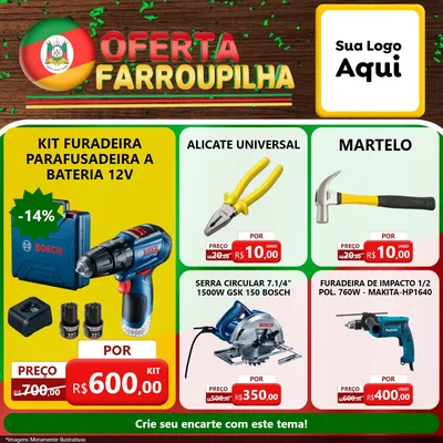 Modelo de Rede Social para Feed Facebook com o tema Oferta Farroupilha para Maquinas e Ferramentas