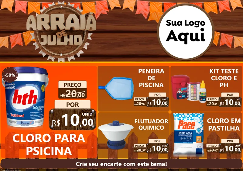 Modelo de Encarte para Encarte A4 Horizontal com o tema Arraiá de Julho - Junina para Produtos para Piscina