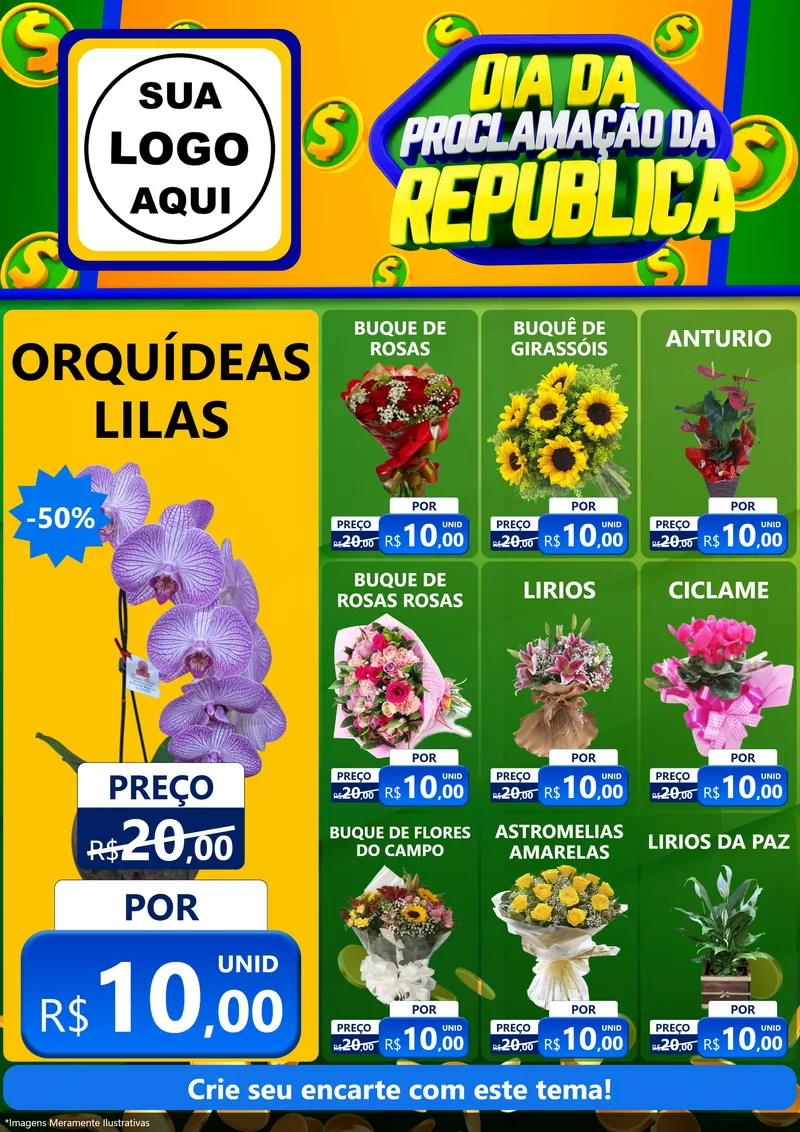 Modelo de Encarte para Encarte A4 Vertical com o tema Dia Da Proclamação da República para Floricultura e jardim