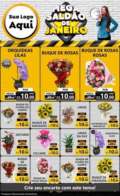 Modelo de Encarte para Encarte Grande com o tema Mega Saldão de Janeiro para Floricultura e jardim