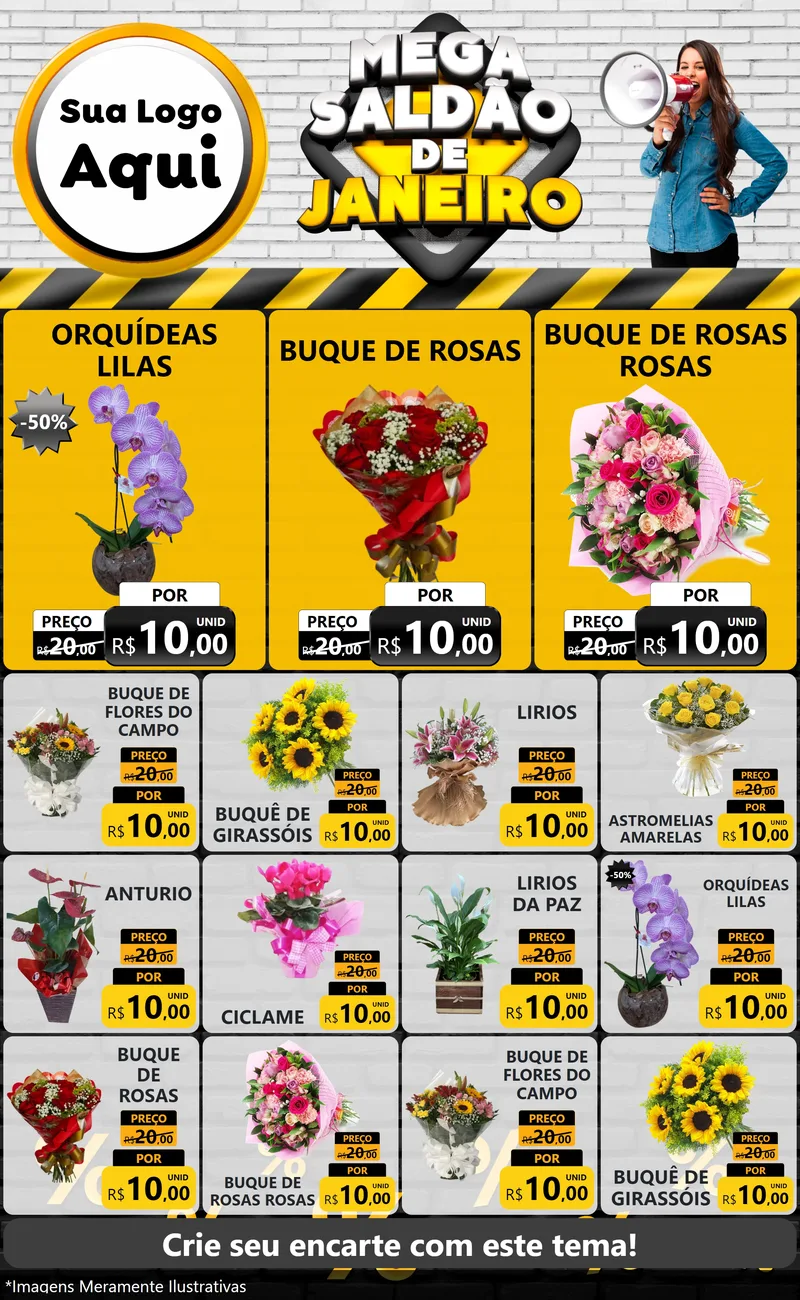 Modelo de Encarte para Encarte Grande com o tema Mega Saldão de Janeiro para Floricultura e jardim