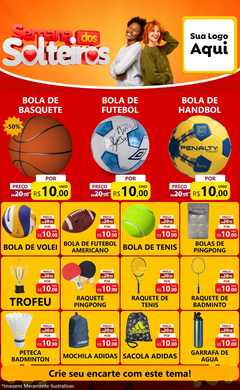 Modelo de Encarte para Encarte Grande com o tema Semana dos Solteiros para Artigos Esportivos