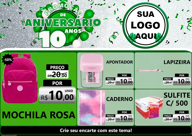 Modelo de Encarte para Encarte A4 Horizontal com o tema Promoção de Aniversário - 10 Anos para Papelaria
