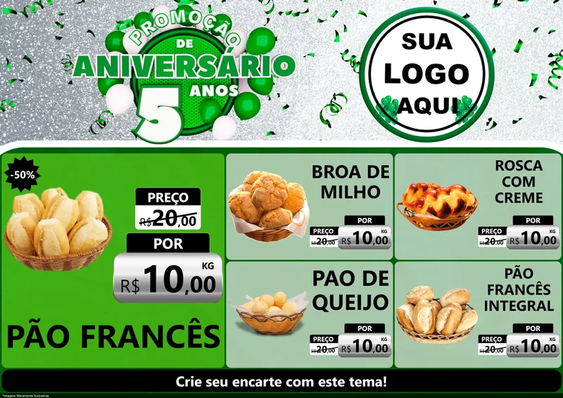 Modelo de Encarte para Encarte A4 Horizontal com o tema Promoção de Aniversário - 5 Anos para Padaria