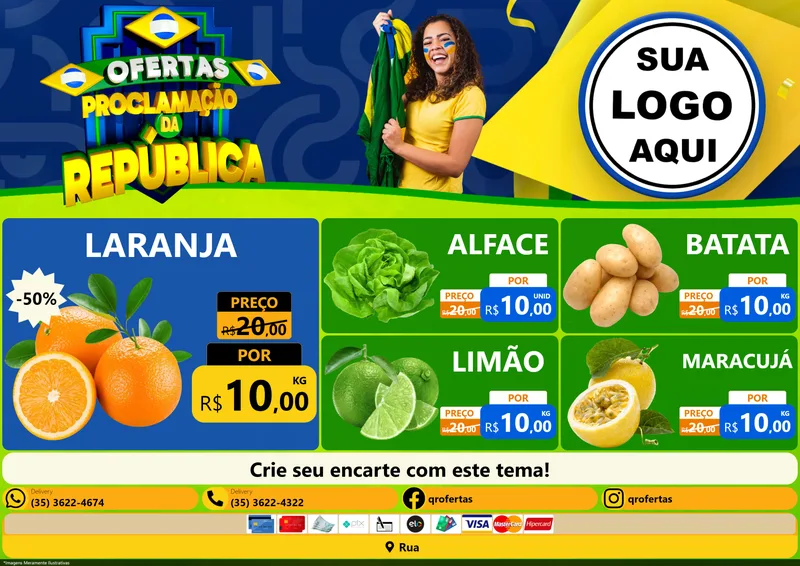 Modelo de Encarte para Encarte A4 Horizontal com o tema Ofertas Proclamação da República para Hortifrúti
