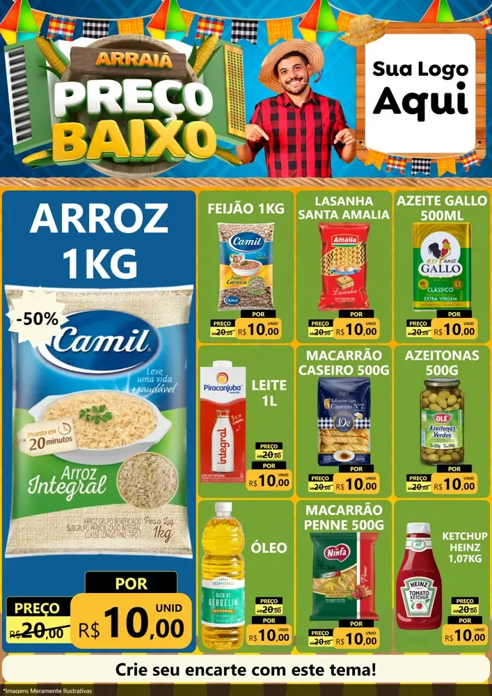 Modelo de Encarte para Encarte A4 Vertical com o tema Arraiá de Preço Baixo - Junina para Supermercado
