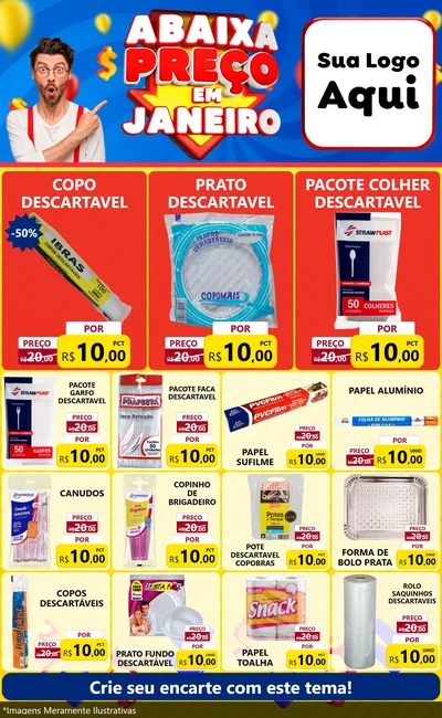 Modelo de Encarte para Encarte Grande com o tema Abaixa Preço em Janeiro para Embalagens