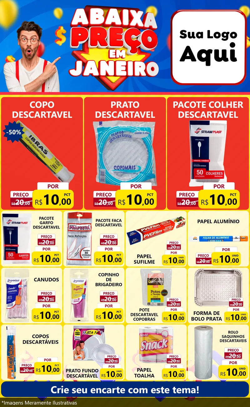 Modelo de Encarte para Encarte Grande com o tema Abaixa Preço em Janeiro para Embalagens