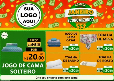 Modelo de Encarte para Encarte A4 Horizontal com o tema Comece Janeiro Economizando para Cama, Mesa e Banho