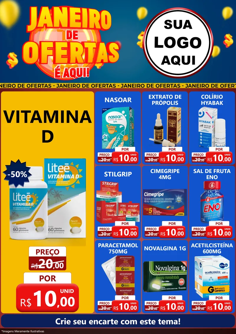Modelo de Encarte para Encarte A4 Vertical com o tema Janeiro de Ofertas É Aqui! para Farmácia