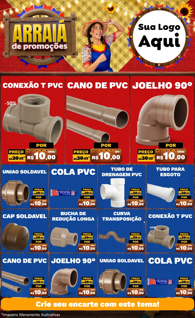 Modelo de Encarte para Encarte Grande com o tema Arraiá de Promoções para Tubos e conexões