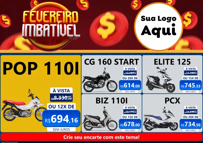 Modelo de Encarte para Encarte A4 Horizontal com o tema Fevereiro Imbatível para Concessionaria de Motos