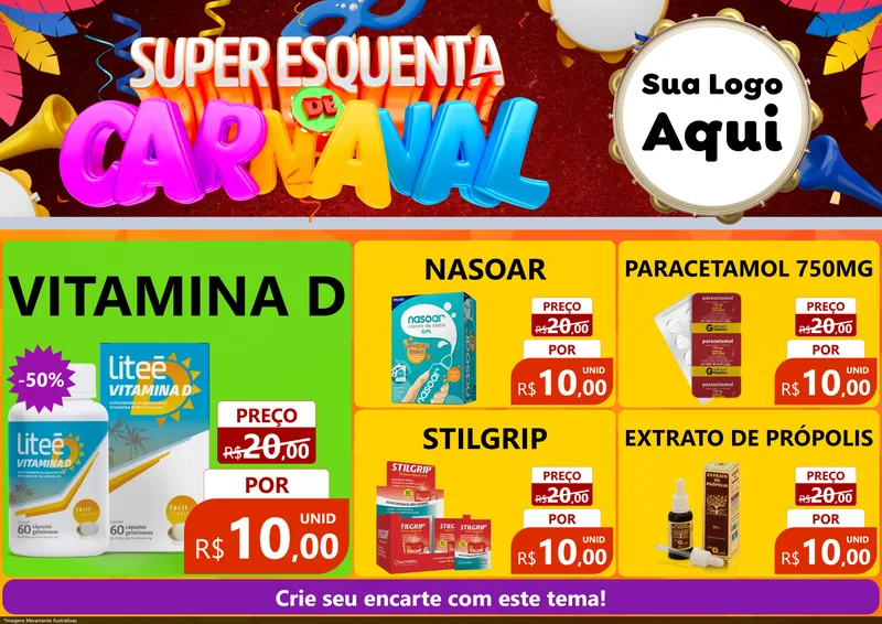 Modelo de Encarte para Encarte A4 Horizontal com o tema Super Esquenta de Carnaval para Farmácia
