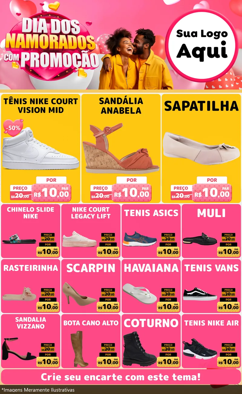Modelo de Encarte para Encarte Grande com o tema Dia dos Namorados com Promoção para Calçados