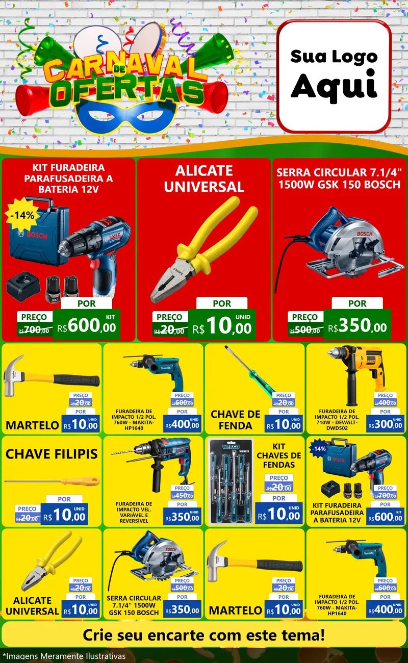 Modelo de Encarte para Encarte Grande com o tema Carnaval de Ofertas para Maquinas e Ferramentas