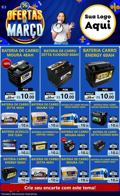 Modelo de Encarte para Encarte Grande com o tema Ofertas de Março para Baterias Elétricas