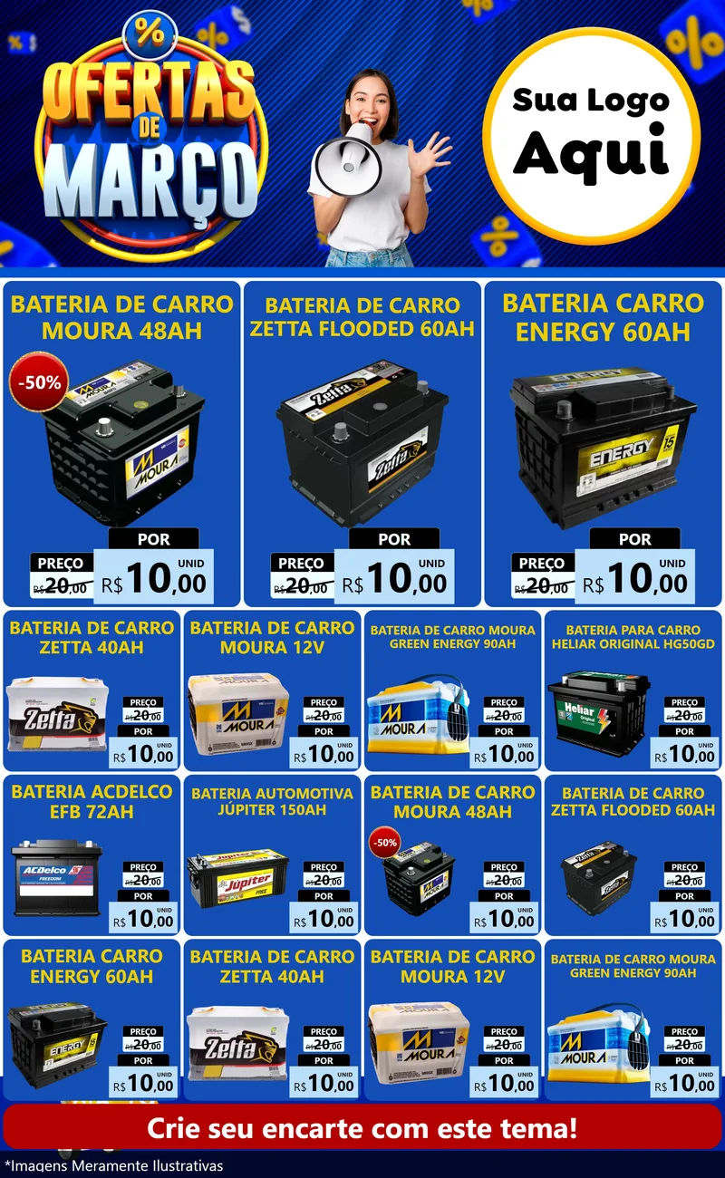 Modelo de Encarte para Encarte Grande com o tema Ofertas de Março para Baterias Elétricas