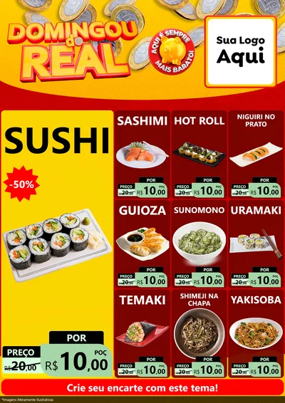Modelo de Encarte para Encarte A4 Vertical com o tema Domingou do Real para Comida japonesa