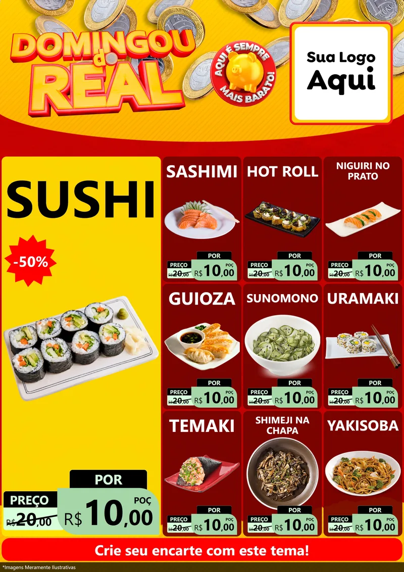 Modelo de Encarte para Encarte A4 Vertical com o tema Domingou do Real para Comida japonesa