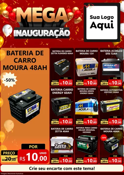 Modelo de Encarte para Encarte A4 Vertical com o tema Mega Inauguração para Baterias Elétricas
