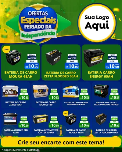 Modelo de Rede Social para Feed Instagram com o tema Ofertas Especiais Feriado da Independência para Baterias Elétricas
