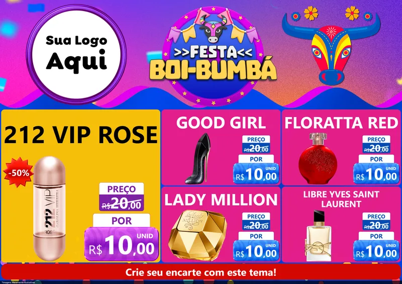 Modelo de Encarte para Encarte A4 Horizontal com o tema Festa Boi-Bumbá para Perfumes