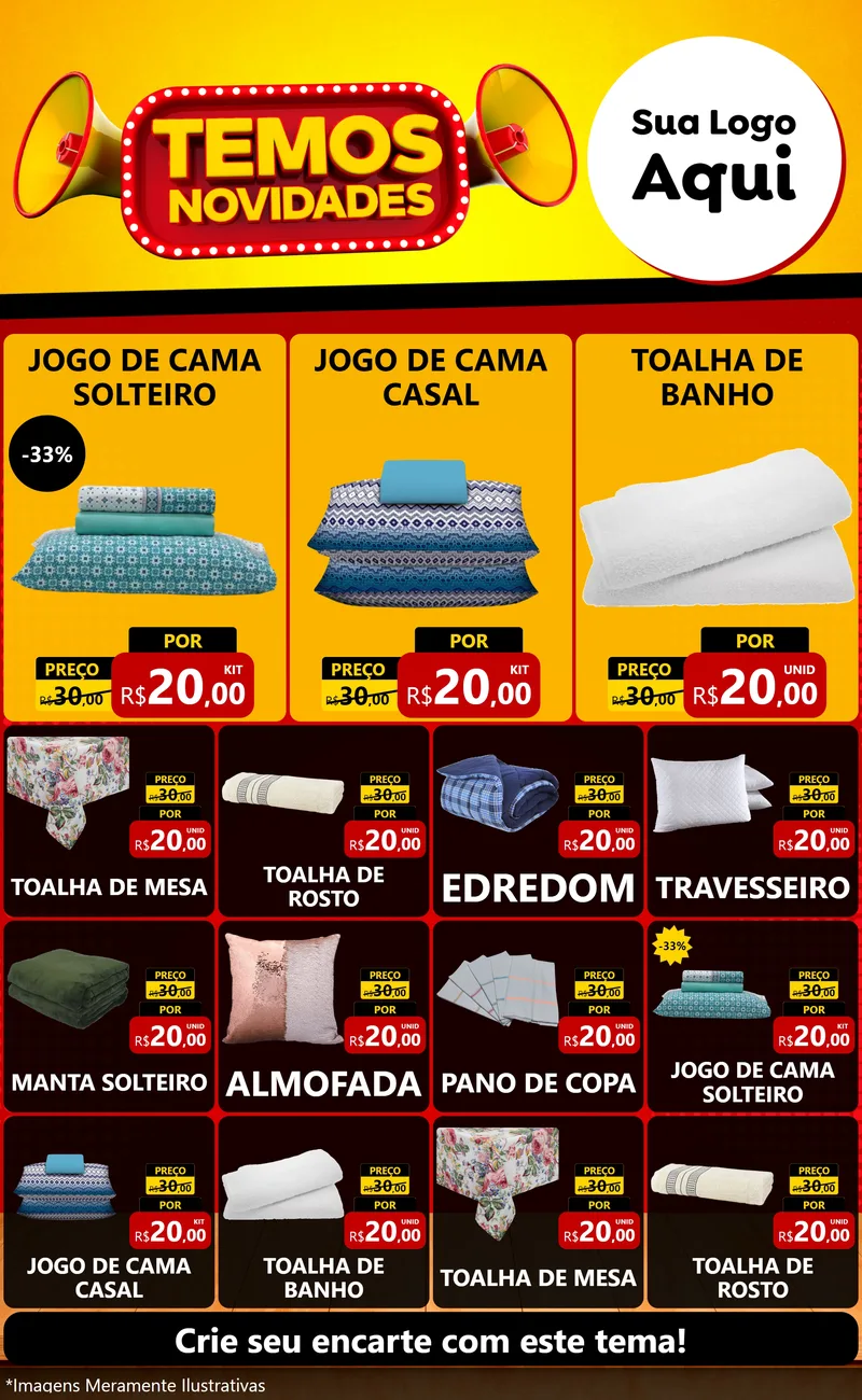 Modelo de Encarte para Encarte Grande com o tema Temos Novidades para Cama, Mesa e Banho