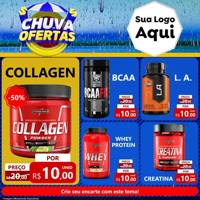 Modelo de Rede Social para Feed Facebook com o tema Chuva de Ofertas para Suplementos alimentares