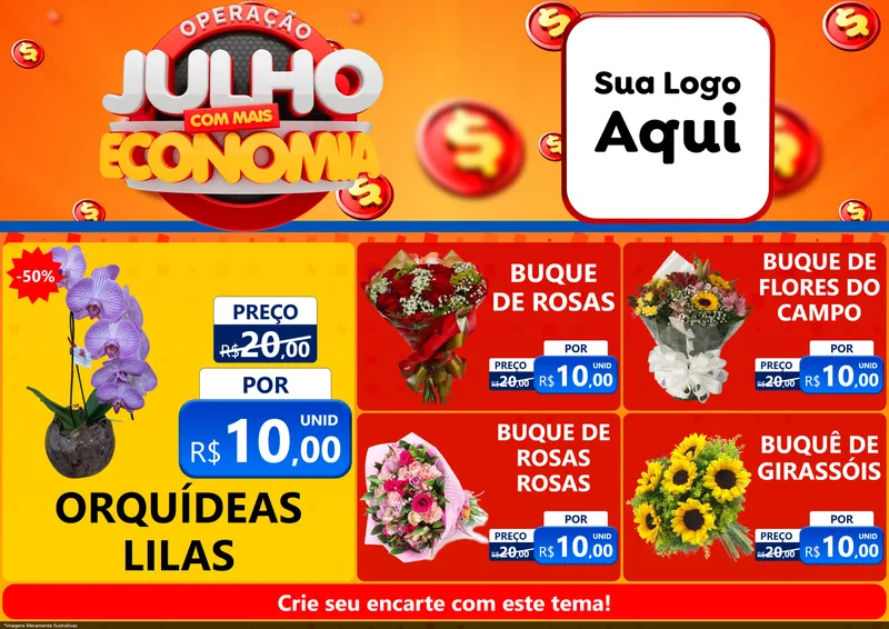 Modelo de Encarte para Encarte A4 Horizontal com o tema Operação Julho Com Mais Economia para Floricultura e jardim