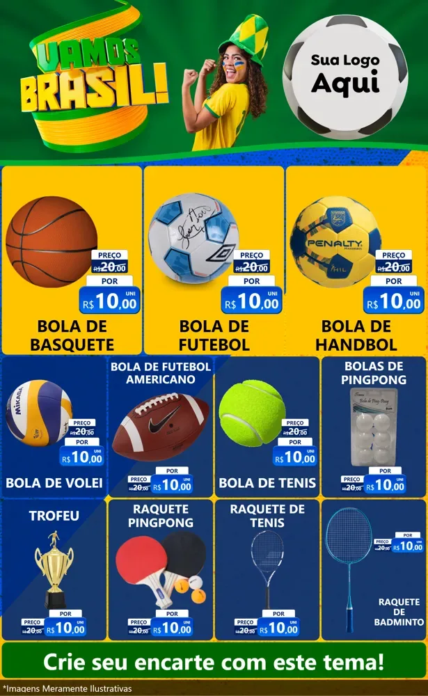 Modelo de Encarte para Encarte Grande com o tema Vamos Brasil - Copa para Artigos Esportivos