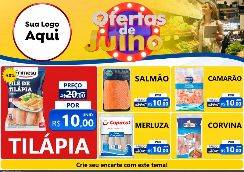 Modelo de Encarte para Encarte A4 Horizontal com o tema Ofertas de Julho para Peixaria
