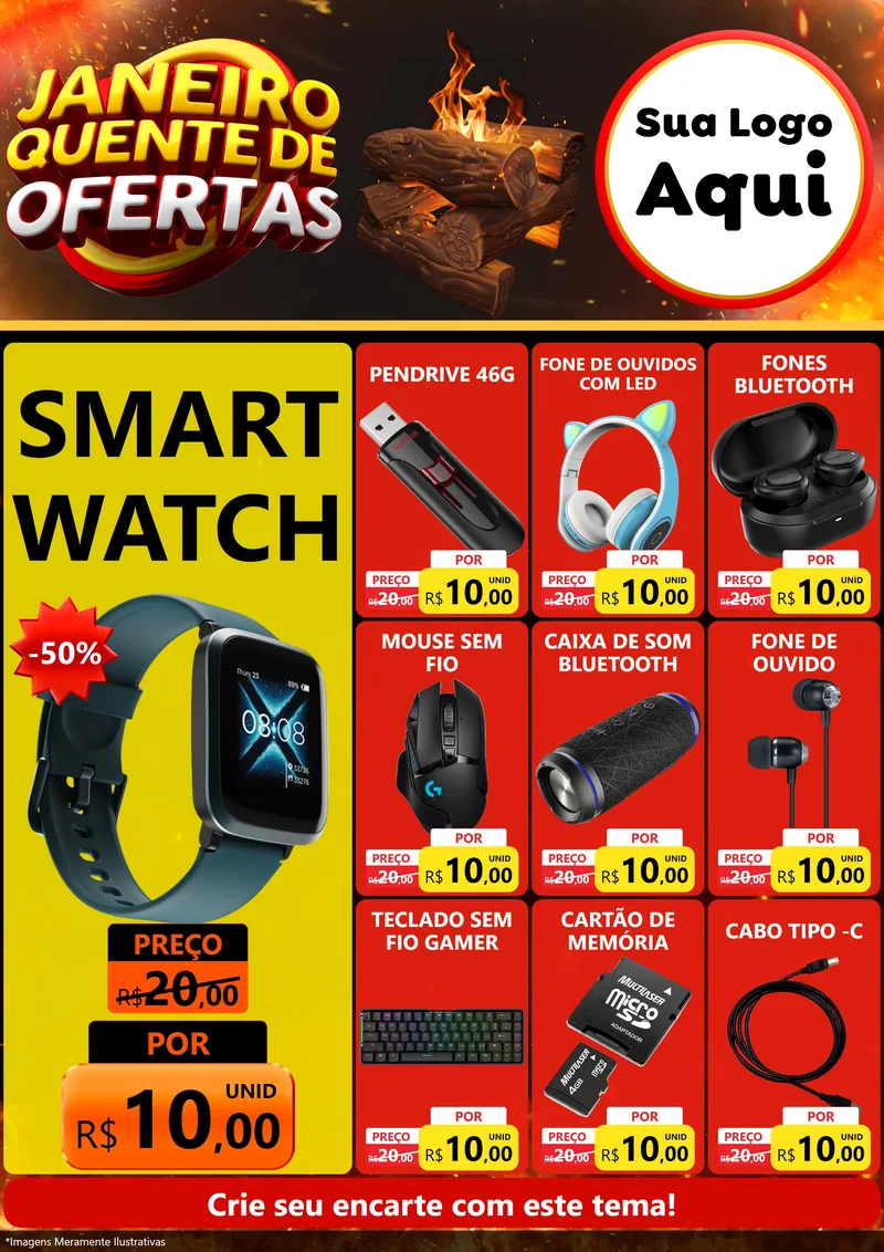 Modelo de Encarte para Encarte A4 Vertical com o tema Janeiro Quente de Ofertas para Informática