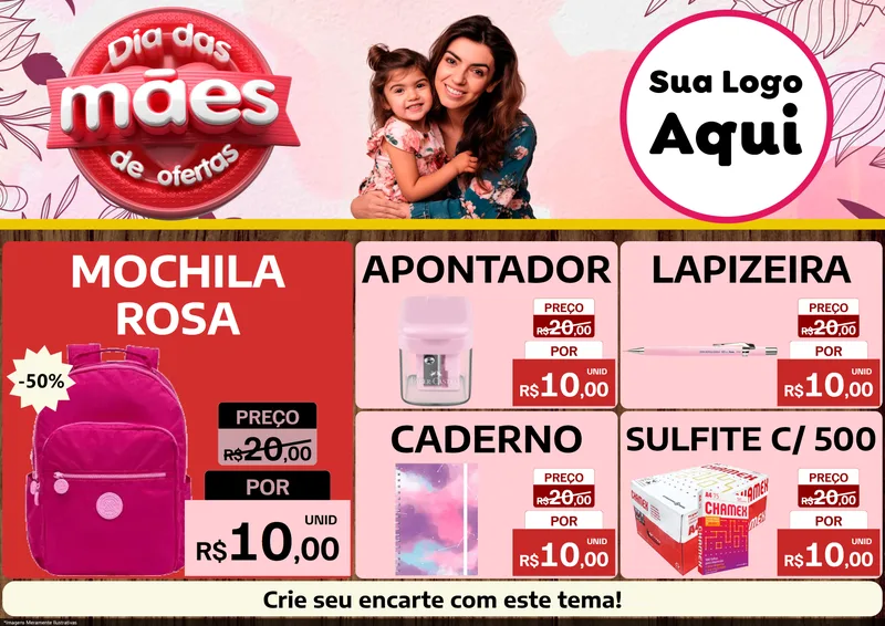 Modelo de Encarte para Encarte A4 Horizontal com o tema Dia Das Mães De Ofertas para Papelaria
