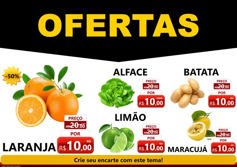 Modelo de Encarte para Encarte A4 Horizontal com o tema Ofertas Preto e Vermelho Cartaz para Hortifrúti