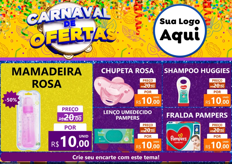Modelo de Encarte para Encarte A4 Horizontal com o tema Carnaval de Ofertas para Bebês