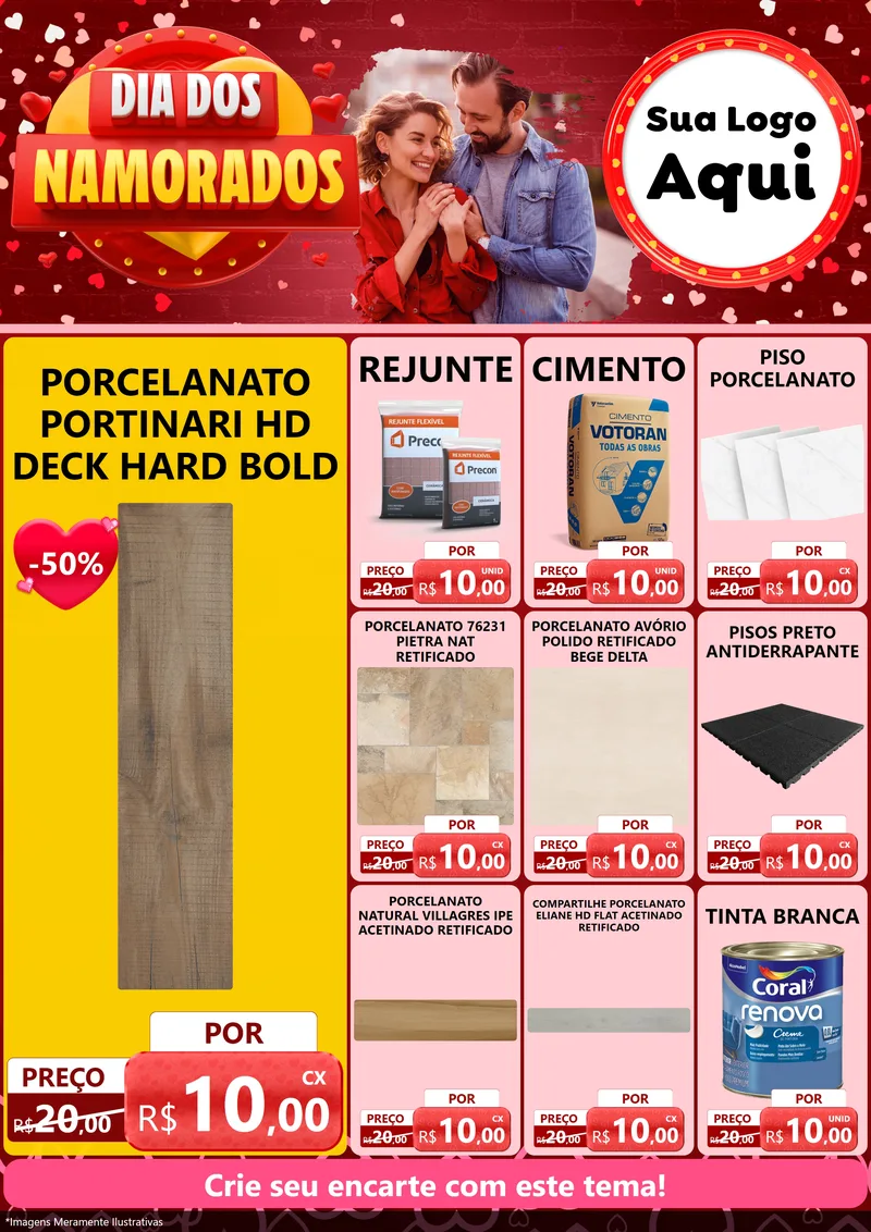 Modelo de Encarte para Encarte A4 Vertical com o tema Dia Dos Namorados para Pisos e revestimentos