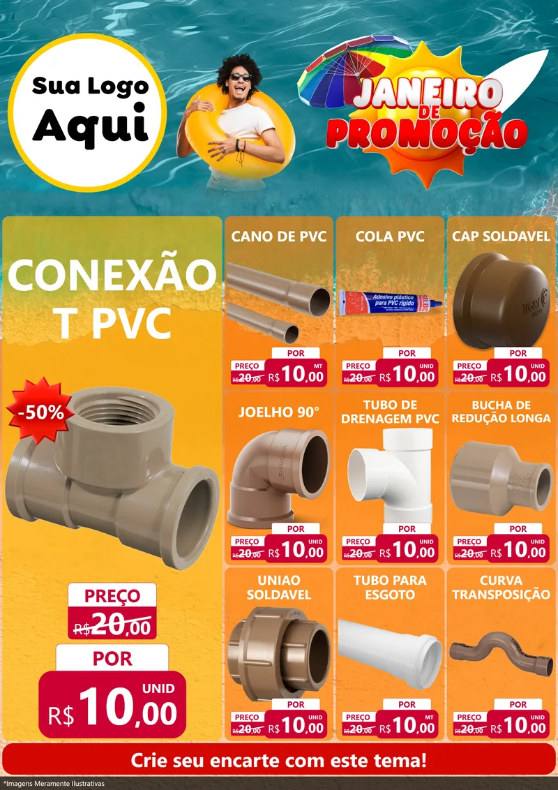 Modelo de Encarte para Encarte A4 Vertical com o tema Janeiro de Promoção para Tubos e conexões