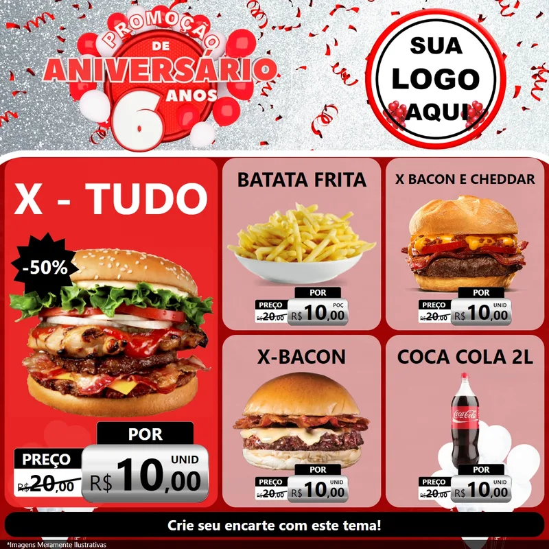 Modelo de Rede Social para Feed Facebook com o tema Promoção de Aniversário - 6 Anos para Hamburgueria