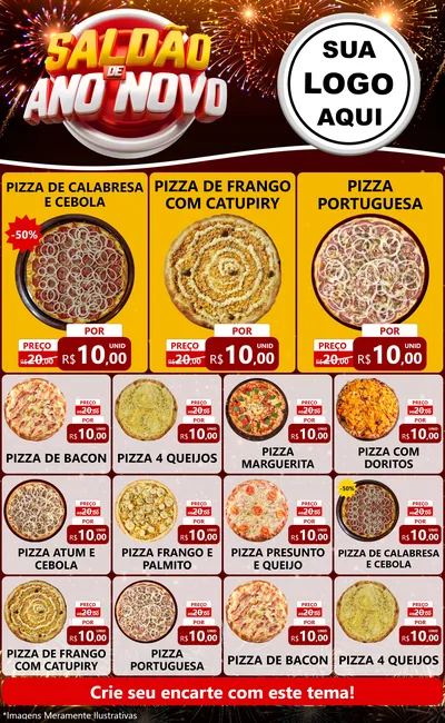 Modelo de Encarte para Encarte Grande com o tema Saldão de Ano Novo para Pizzaria