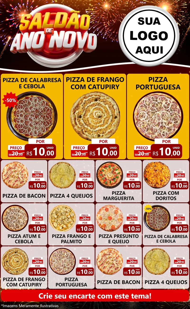 Modelo de Encarte para Encarte Grande com o tema Saldão de Ano Novo para Pizzaria