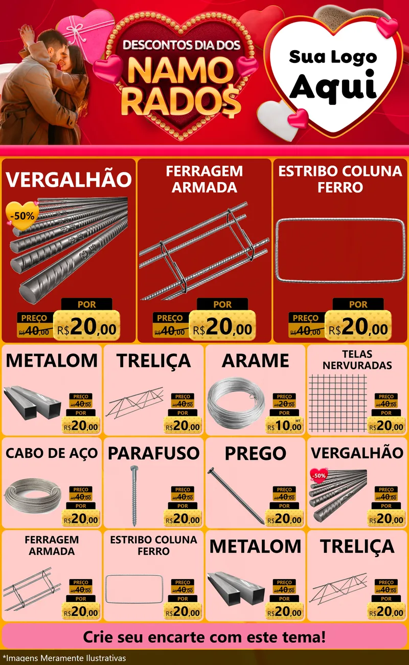 Modelo de Encarte para Encarte Grande com o tema Descontos Dia dos Namorados para Ferragens