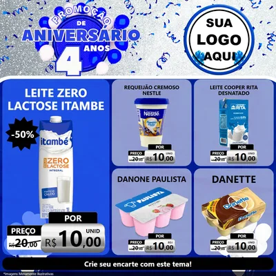 Modelo de Rede Social para Feed Facebook com o tema Promoção de Aniversário - 4 Anos para Frios e Laticínios