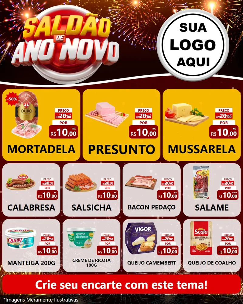 Modelo de Rede Social para Feed Instagram com o tema Saldão de Ano Novo para Frios e Laticínios