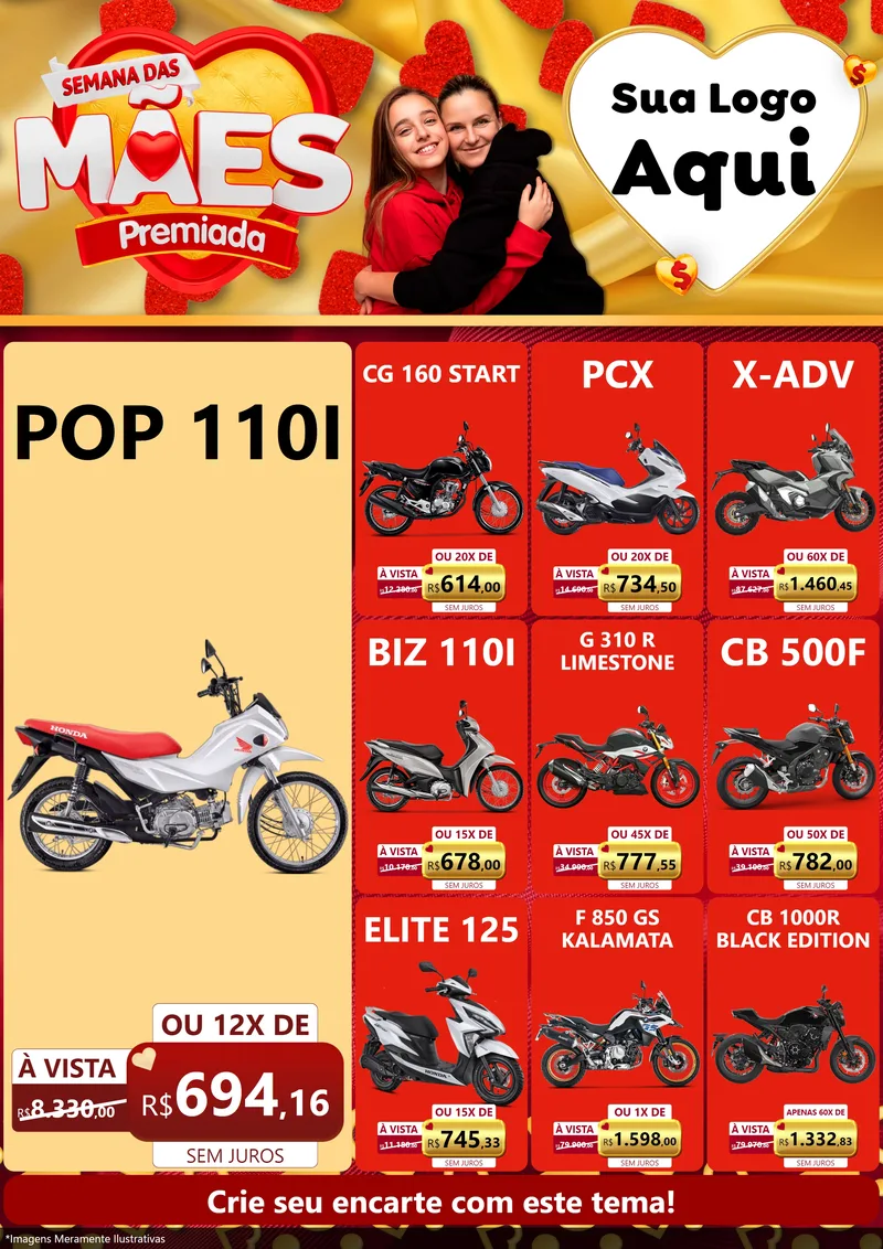 Modelo de Encarte para Encarte A4 Vertical com o tema Semana das Mães Premiada para Concessionaria de Motos