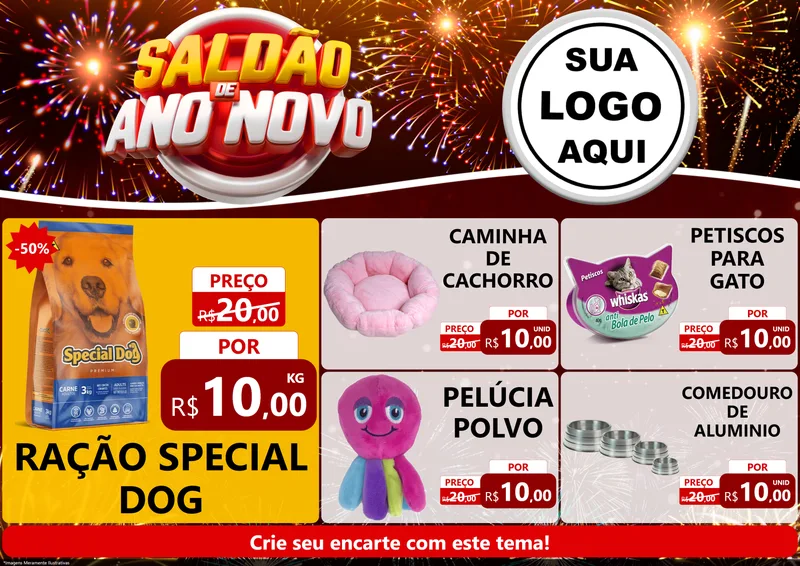 Modelo de Encarte para Encarte A4 Horizontal com o tema Saldão de Ano Novo para Pet Shop