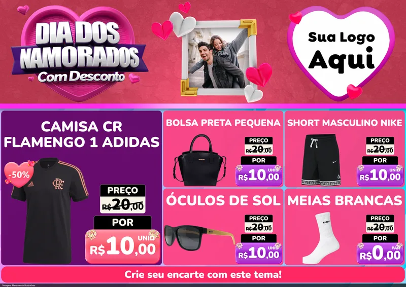 Modelo de Encarte para Encarte A4 Horizontal com o tema Dia Dos Namorados Com Desconto para Roupas e acessórios